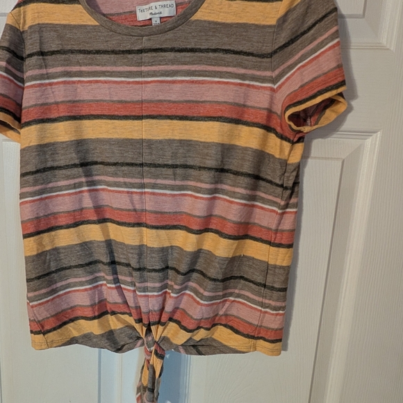 Madewell Striped Tie-Front Tee in Coral, Mustard & Gray-Brown - Picture 3 of 5